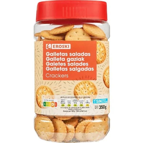 Galleta salada mini cracker EROSKI, bote 350 g - 1 ud - Imagen del producto en Findit