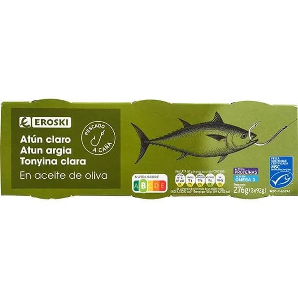 Atún claro en aceite de oliva MSC EROSKI, pack 3x90 g - 1 ud - Imagen del producto en Findit