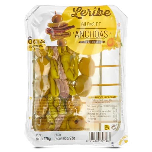 Gilda de anchoa en aceite de girasol Leribe bandeja 175 g - 0.18 ud - Imagen del producto en Findit