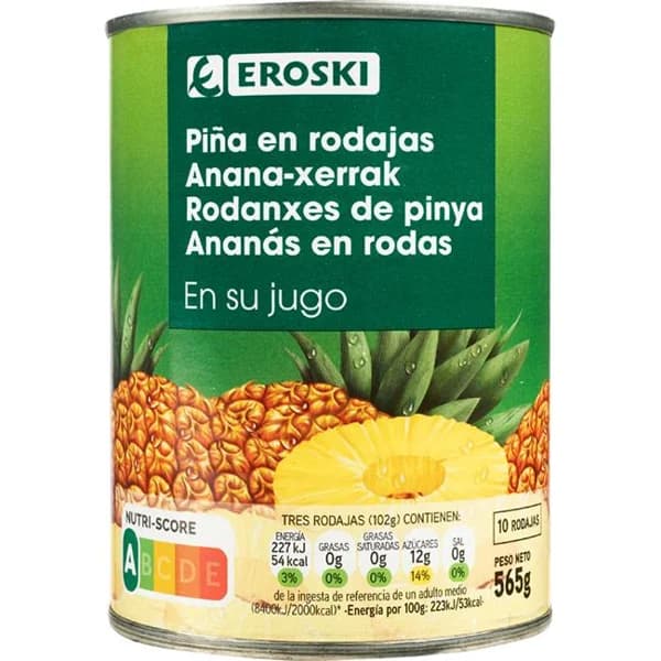 Piña en rodajas en su jugo EROSKI, lata 340 g - 0.34 kg - Imagen del producto en Findit