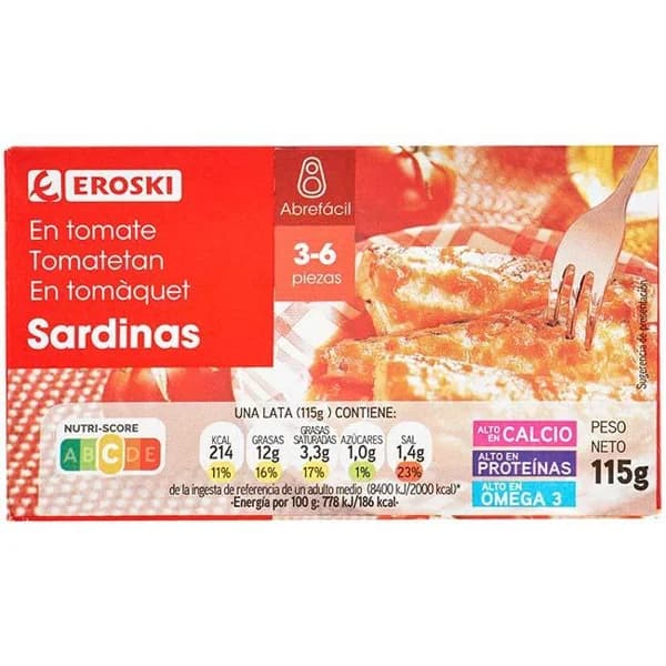 Sardina en tomate EROSKI, lata 115 g - 1 ud - Imagen del producto en Findit