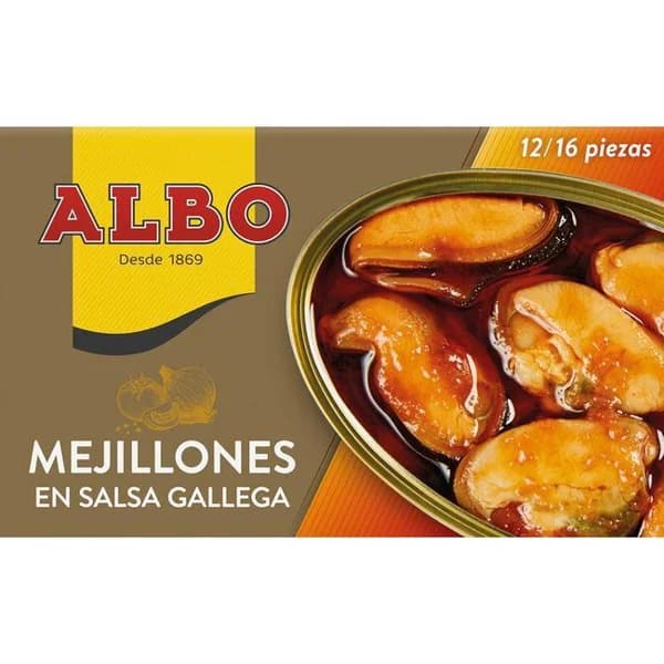 Mejillón en salsa gallega 12/16 piezas ALBO, lata 115 g - 1 ud - Imagen del producto en Findit