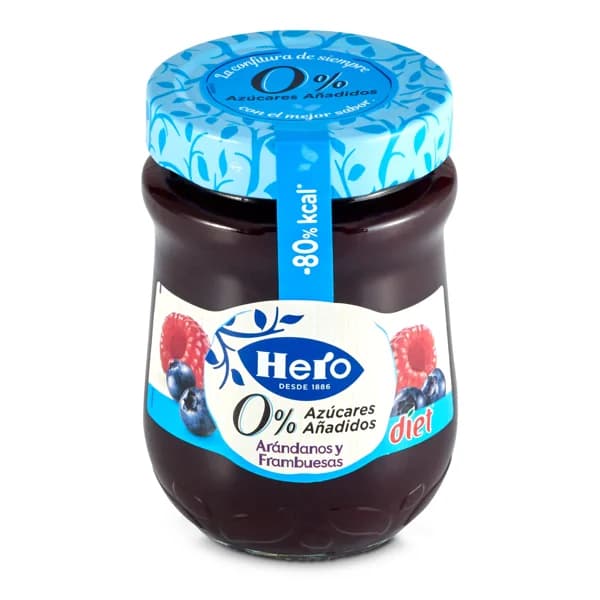 Confitura de arándanos y frambuesas 0% azúcares añadidos Hero bote 280 g - 0.28 kg - Imagen del producto en Findit