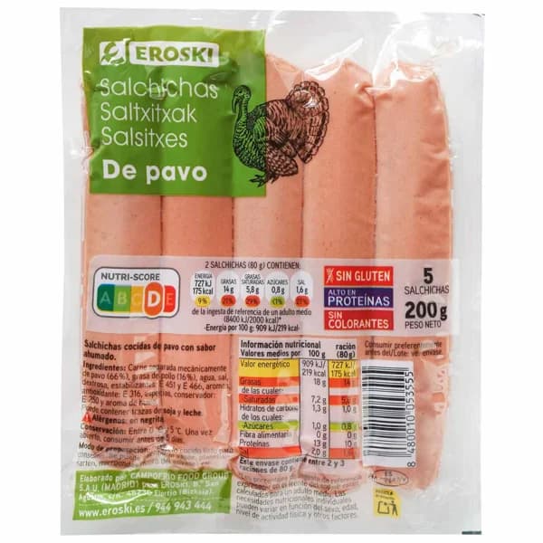Salchichas de pavo EROSKI, sobre 200 g - 1 ud - Imagen del producto en Findit