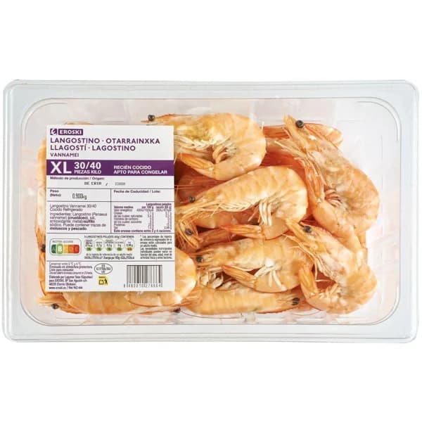 Langostino cocido 30-40 EROSKI, bandeja 900 g - 1 ud - Imagen del producto en Findit