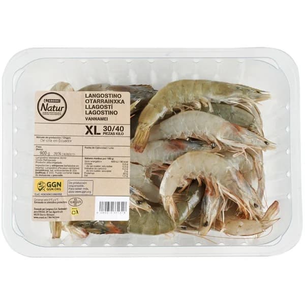 Langostino blanco 30-40 GGN EROSKI NATUR, bandeja 900 g - 1 ud - Imagen del producto en Findit