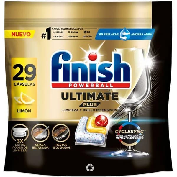 Lavavajillas de máquina ultra plus limón FINISH, bolsa 29 dosis - 1 ud - Imagen del producto en Findit