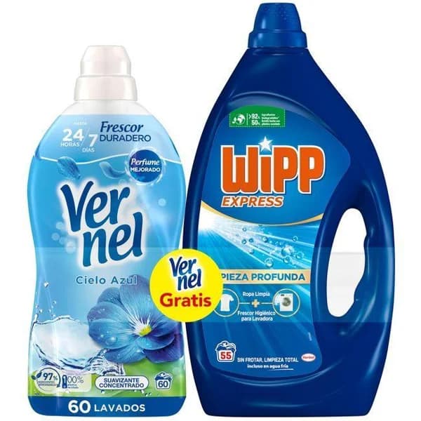 Detergente gel WIPP, garrafa 55 dosis + Vernel - 1 ud - Imagen del producto en Findit