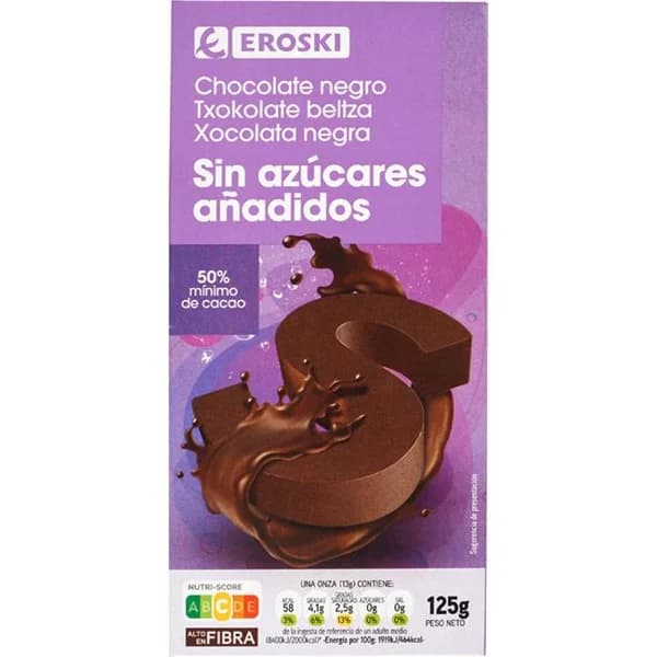 Chocolate negro sin azúcar EROSKI, tableta 125 g - 1 ud - Imagen del producto en Findit