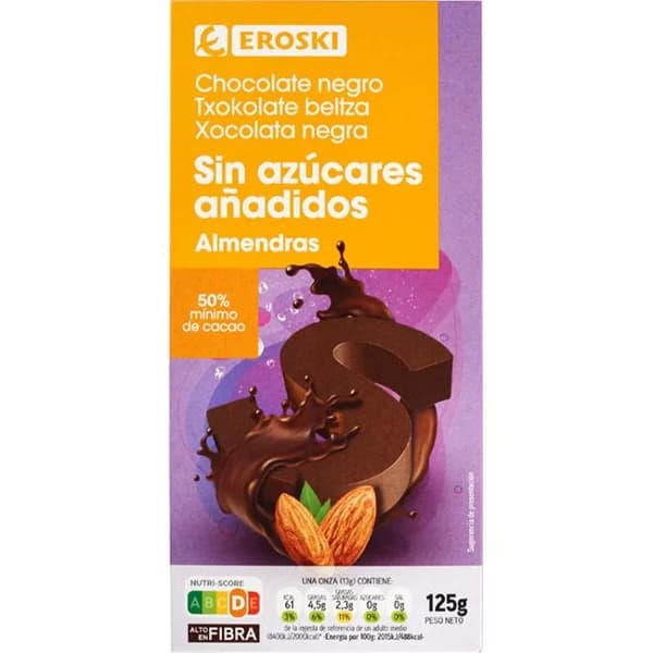 Chocolate negro almendras sin azúcar EROSKI, tableta 125 g - 1 ud - Imagen del producto en Findit