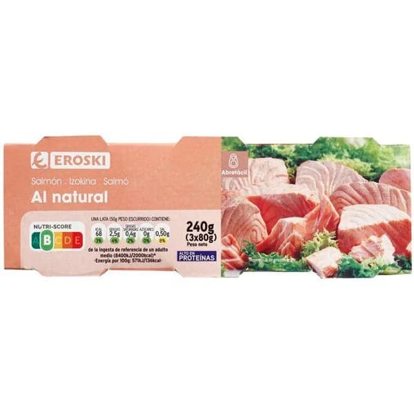 Salmón al natural EROSKI, pack 3x50 g - 1 ud - Imagen del producto en Findit