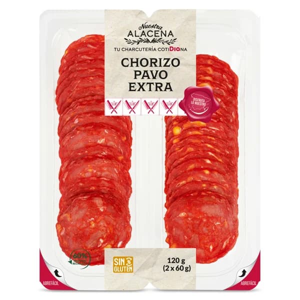 Chorizo de pavo extra Nuestra Alacena de Dia bandeja 2 x 60 g - 0.12 kg - Imagen del producto en Findit