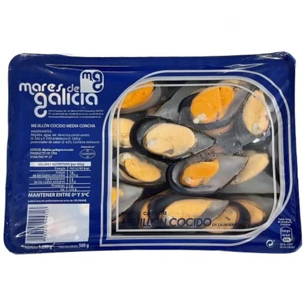 Mejillón fresco cocido en salmuera con media concha Mares de Galicia 500 g - 0.5 kg - Imagen del producto en Findit