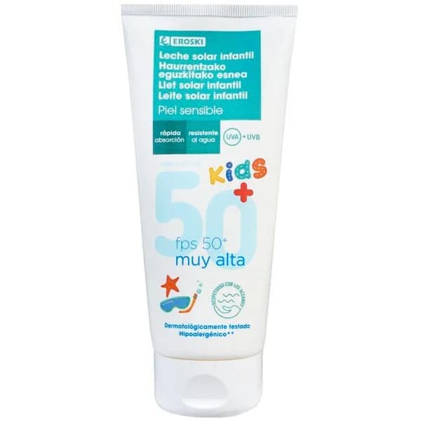 Loción infantil FPS50+ hipoalergénica EROSKI, spray 200 ml - 1 ud - Imagen del producto en Findit