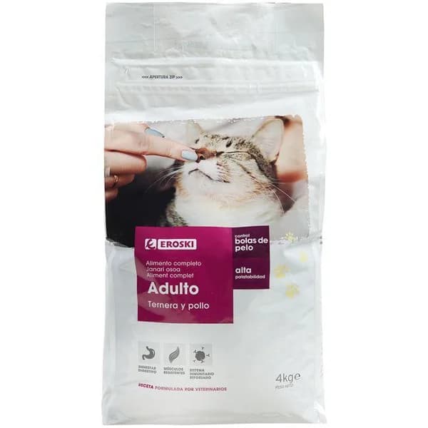 Alimento con ternera-pollo-verduras para gato EROSKI, saco 4 kg - 1 ud - Imagen del producto en Findit