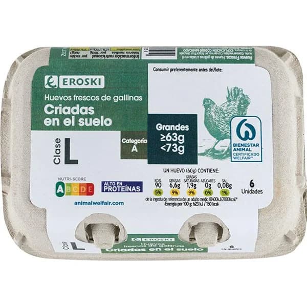 Huevo fresco suelo L EROSKI, cartón 6 uds - 1 ud - Imagen del producto en Findit