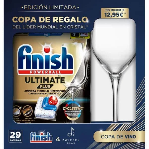 Lavavajillas máquina FINISH ULTIMATE+, caja 29 dosis + Copa - 1 ud - Imagen del producto en Findit