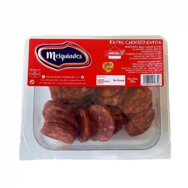Chorizo curado extra dulce en tapas Melquiades sin gluten y sin lactosa 200 g - 0.2 kg - Imagen del producto en Findit