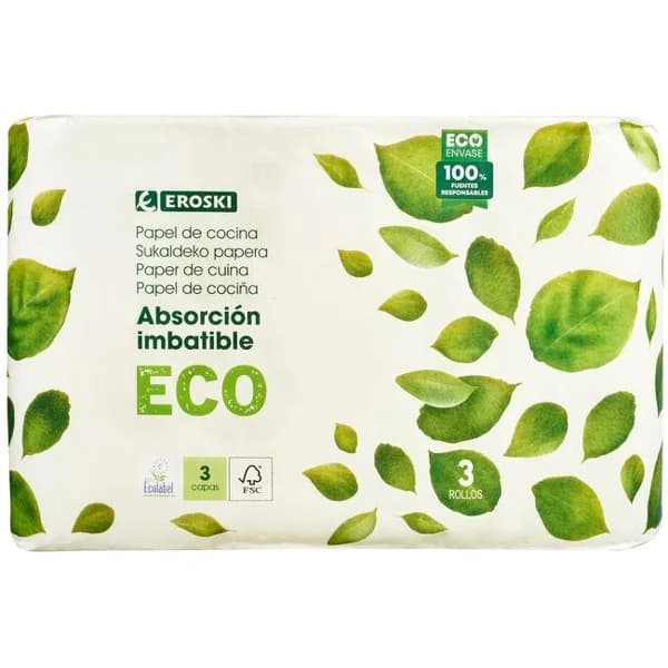 Papel de cocina 3 capas ecológico EROSKI, paquete 3 rollos - 3 ud - Imagen del producto en Findit