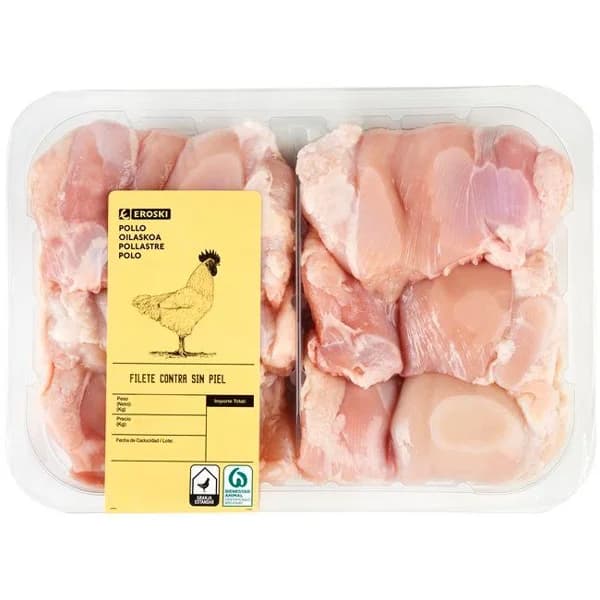 Filete de contramuslo de pollo sin piel EROSKI, bandeja aprox. 600 g - 1 ud - Imagen del producto en Findit