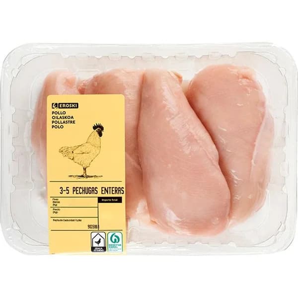 Pechuga enteras de pollo EROSKI, 3-5 uds, bandeja peso aprox. 1.1 kg - 1 ud - Imagen del producto en Findit