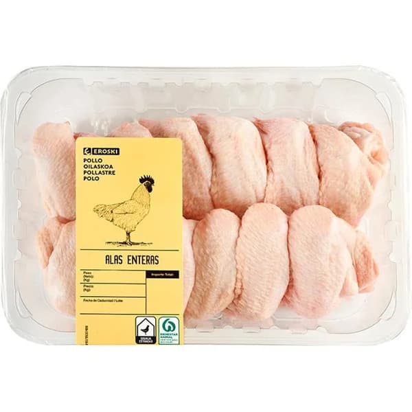 Alas enteras de pollo EROSKI, bandeja aprox. 1 kg - 1 ud - Imagen del producto en Findit