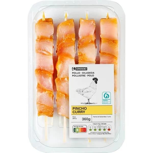 Pincho de pollo al curry EROSKI, bandeja 360 g - 0.36 kg - Imagen del producto en Findit