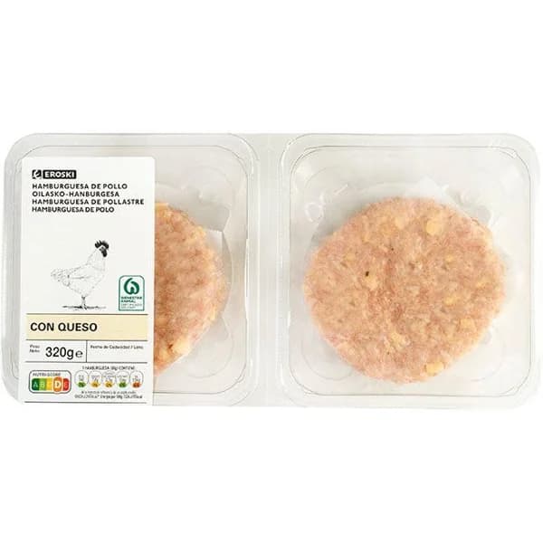 Hamburguesa de pollo-queso EROSKI, 4 uds., bandeja 320 g - 0.32 kg - Imagen del producto en Findit