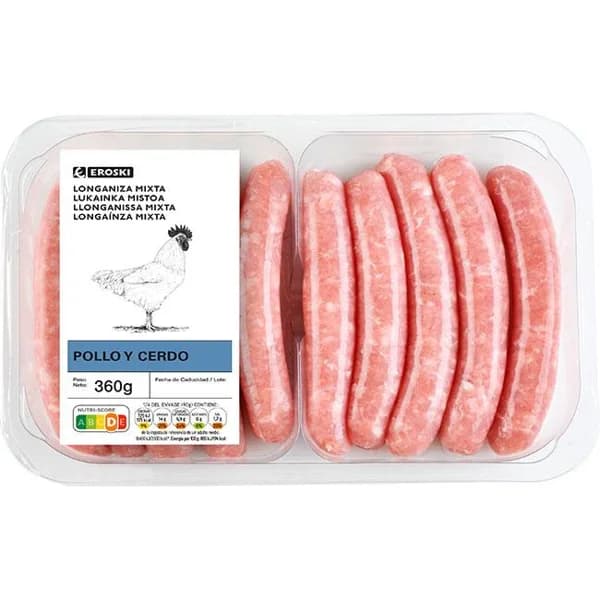 Longaniza mixta de pollo-cerdo EROSKI, bandeja 360 g - 1 ud - Imagen del producto en Findit