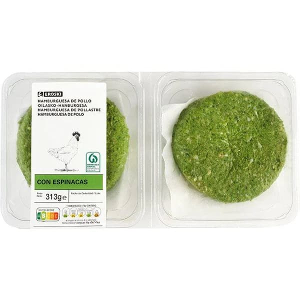 Hamburguesa de pollo con espinacas EROSKI, 4 uds., bandeja 313 g - 0.31 kg - Imagen del producto en Findit