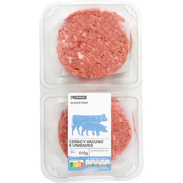 Hamburguesa mixta EROSKI, 6 uds, bandeja 510 g - 1 ud - Imagen del producto en Findit
