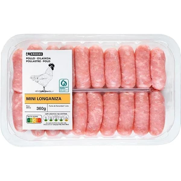 Longanizas de pollo mini EROSKI, bandeja 360 g - 1 ud - Imagen del producto en Findit