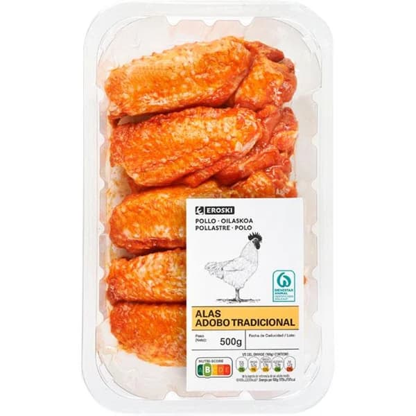 Alas de pollo adobadas tradicional EROSKI, bandeja 500 g - 1 ud - Imagen del producto en Findit