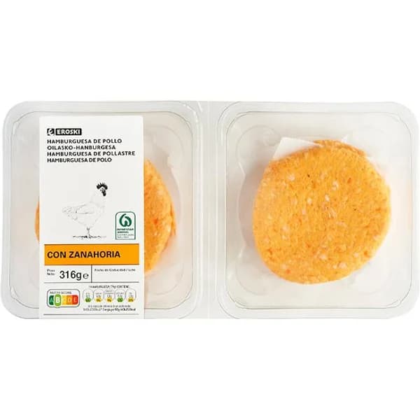 Hamburguesa de pollo-zanahoria EROSKI, 4 uds., bandeja 316 g - 0.32 kg - Imagen del producto en Findit