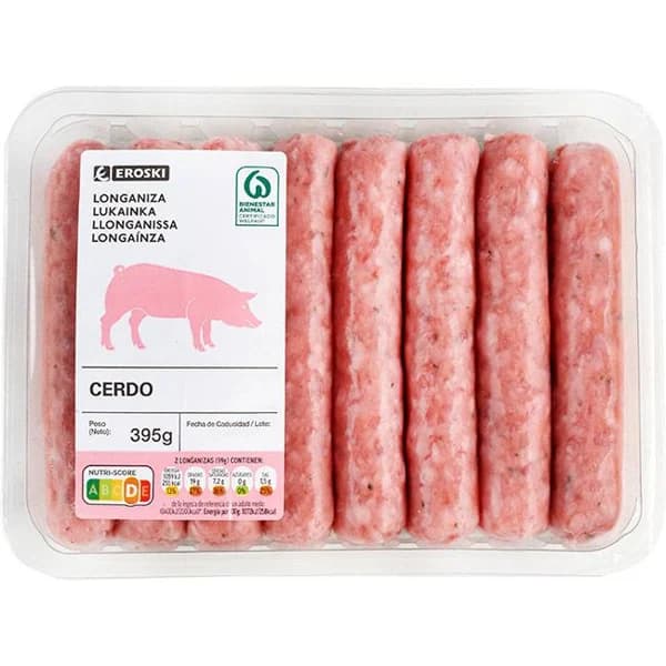 Longaniza fresca de cerdo EROSKI, bandeja 375 g - 0.38 kg - Imagen del producto en Findit