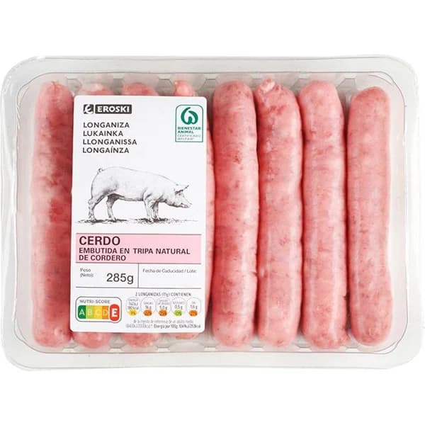 Longaniza de cerdo con tripa natural EROSKI, bandeja 285 g - 1 ud - Imagen del producto en Findit