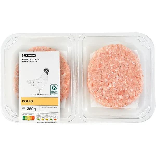Hamburguesa de pollo EROSKI, bandeja 360 g - 0.36 kg - Imagen del producto en Findit