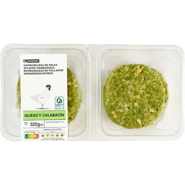 Hamburguesa de pollo con queso y calabacín EROSKI, bandeja 320 g - 0.32 kg - Imagen del producto en Findit