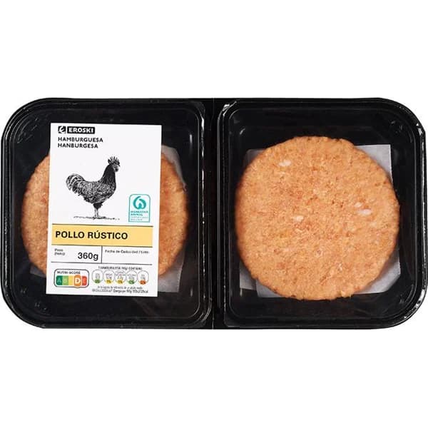 Hamburguesa de pollo rústico EROSKI, 2 uds, bandeja 360 g - 1 ud - Imagen del producto en Findit