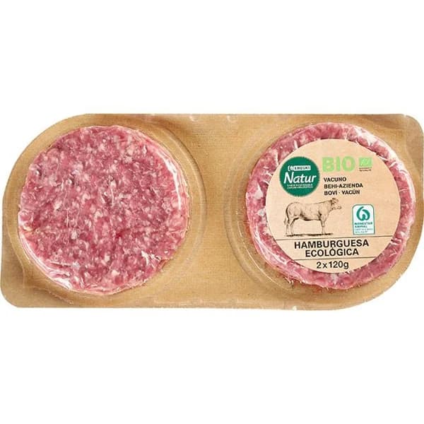 Hamburguesa de vacuno EROSKI NATUR BIO, pack 2x120 g - 0.24 kg - Imagen del producto en Findit