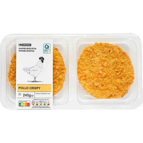 Hamburguesa de pollo crispy EROSKI, bandeja 240 g - 0.24 kg - Imagen del producto en Findit