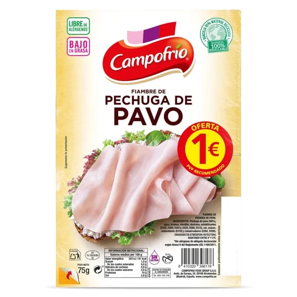Pechuga de pavo Campofrío sobre 75 g - 0.07 kg - Imagen del producto en Findit