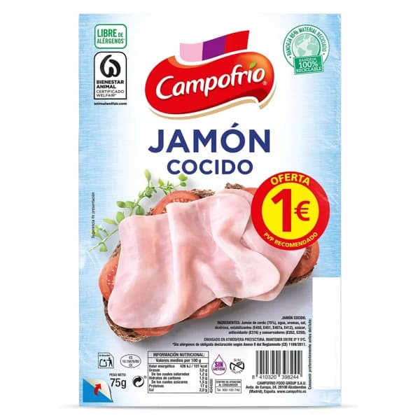 Jamón cocido Campofrío Finissimas sobre 75 g - 0.08 kg - Imagen del producto en Findit