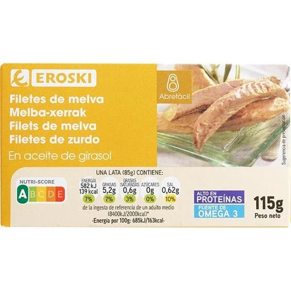 Melva en aceite de girasol EROSKI, 115 g - 1 ud - Imagen del producto en Findit