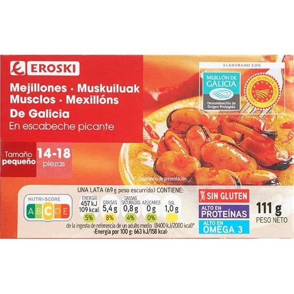 Mejillón picante de Galicia EROSKI, lata 111 g - 1 ud - Imagen del producto en Findit