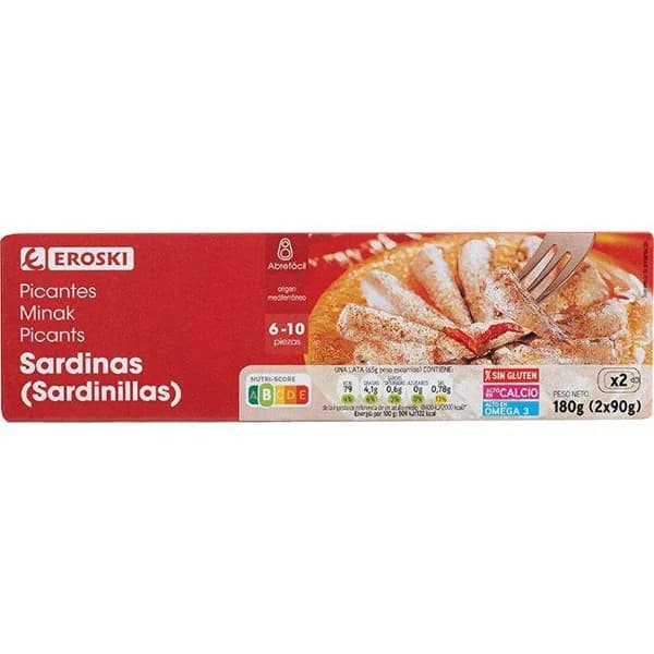 Sardinilla picante EROSKI, pack 2x90 g - 1 ud - Imagen del producto en Findit