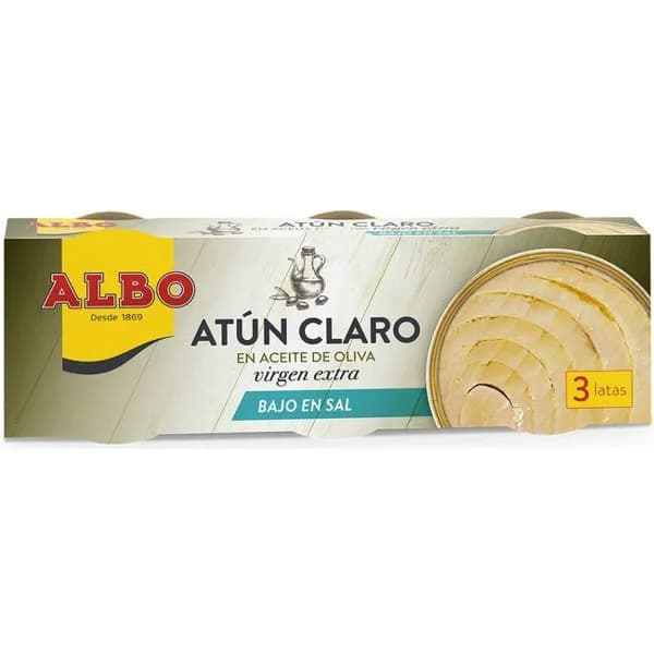 Atún claro en aceite bajo en sal ALBO, pack 3x92 g - 1 ud - Imagen del producto en Findit