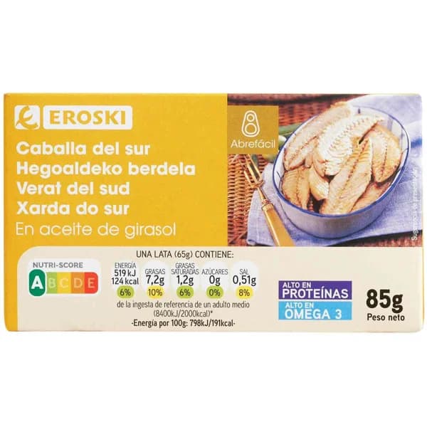 Caballa del sur en aceite de girasol EROSKI, lata 85 g - 1 ud - Imagen del producto en Findit
