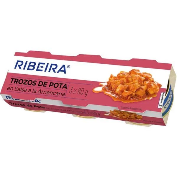 Trozos de pota en salsa americana RIBEIRA, pack 3x80 g - 1 ud - Imagen del producto en Findit
