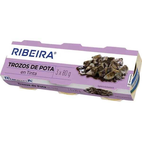Trozos de pota en tinta RIBEIRA, pack 3x80 g - 1 ud - Imagen del producto en Findit